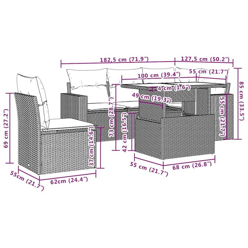 vidaXL Patio Sofa Set with Cushions Outdoor Furniture 6 Piece Poly Rattan