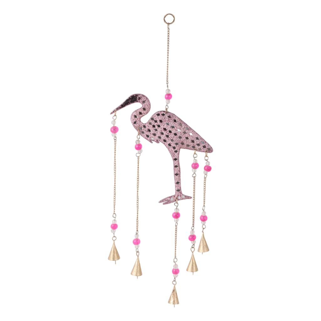 Metal Beaded Mosaic Glass Flamingo Chime with Gold Bells - 22" Pink - 10" x 1" x 22"