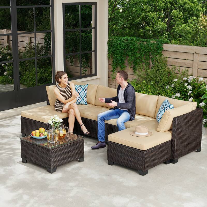 7 Piece Patio Furniture Set, All-Weather PE Rattan Outdoor Conversation Sofa Set with Waterproof Cushions & Coffee Table