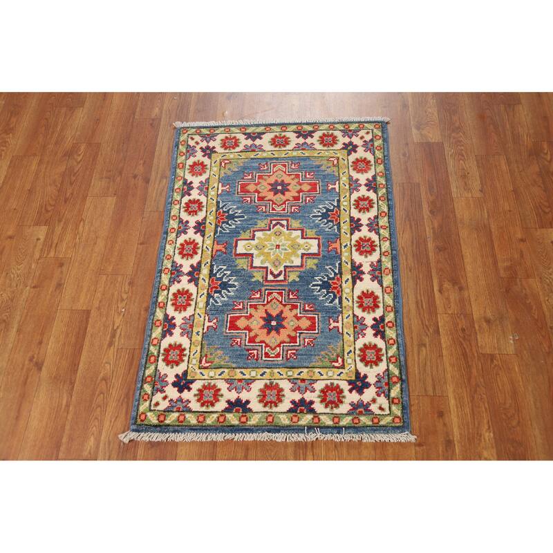 Blue Geometric Kazak Oriental Foyer Rug Hand-Knotted Wool Carpet - 2'0"x 3'0"