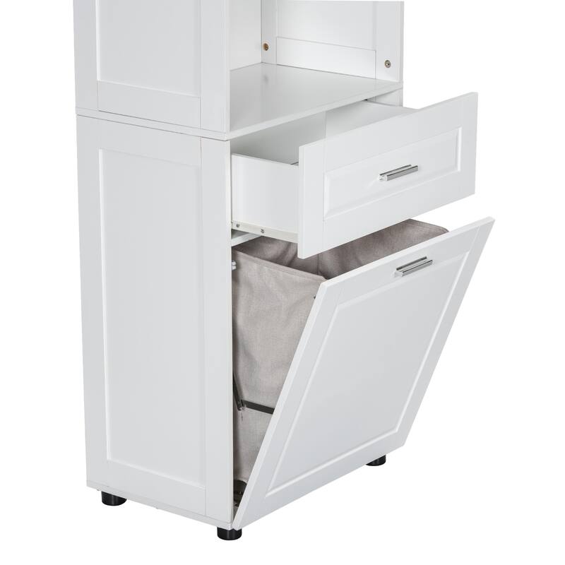 Freestanding Tall Bathroom Double Door Storage Cabinet with Removable Laundry Basket, Open Shelf, Drawer and Adjustable Shelf