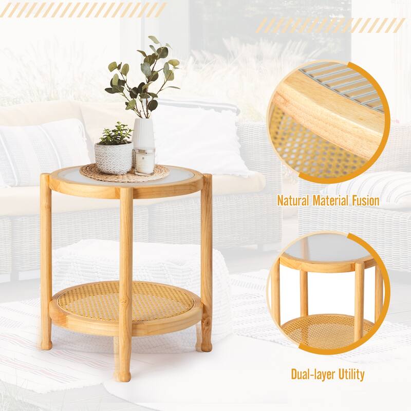 Rubberwood Coffee Table with Tempered Glass and Rattan - 19.7 x 19.7 x 23.2 in