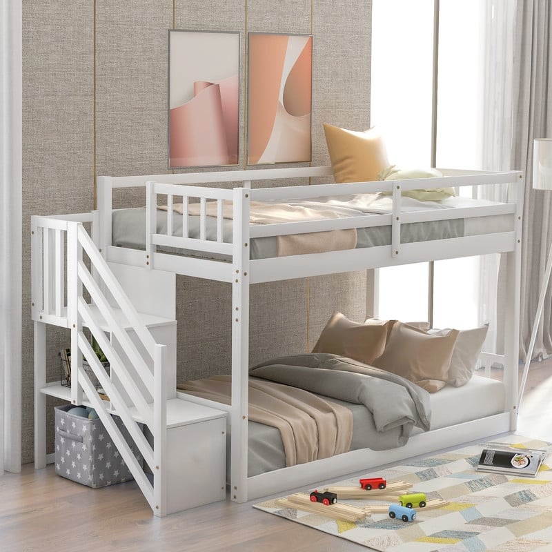 Kids Bunk Bed Twin Over Twin, Floor Bunk Bed with Stairs, Low Bunk Bed with Storage(White)