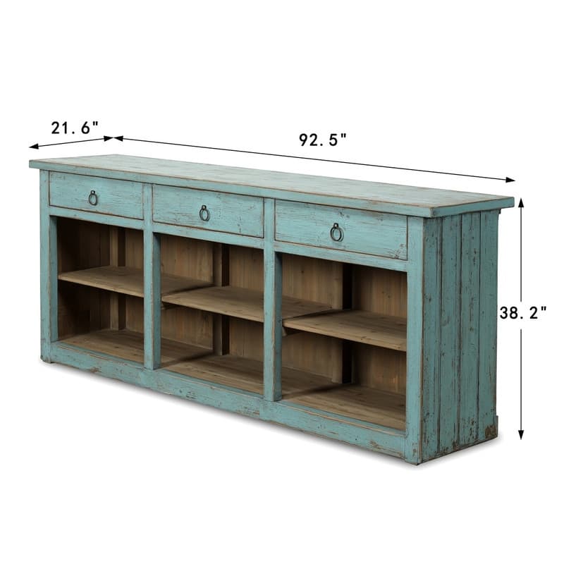 Approx. 91 Inches Wide Counter Table with Three Drawers Distressed Blue