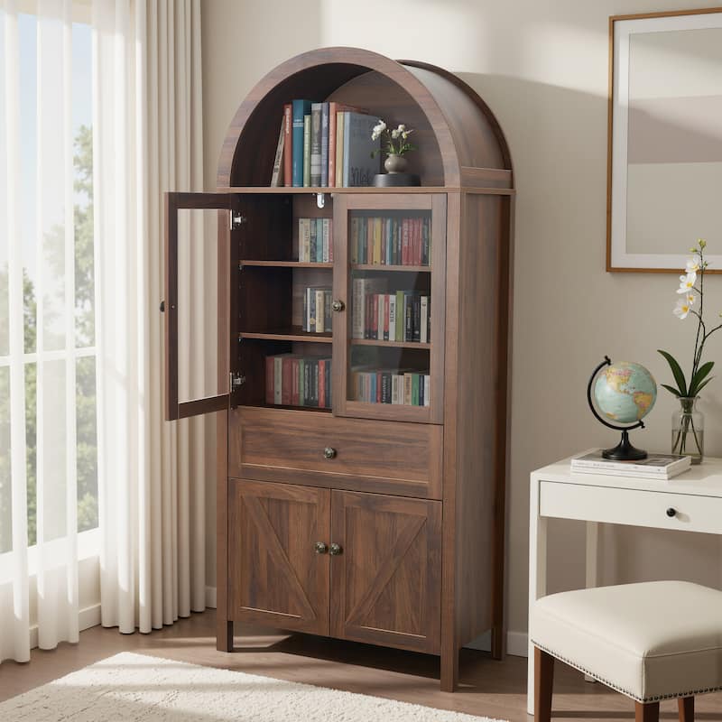 71" Tall Arched Kitchen Pantry Cabinet, Wood Kitchens Storage Cabinets with Drawers and Open Shelves, Modern Versatile Cupboard