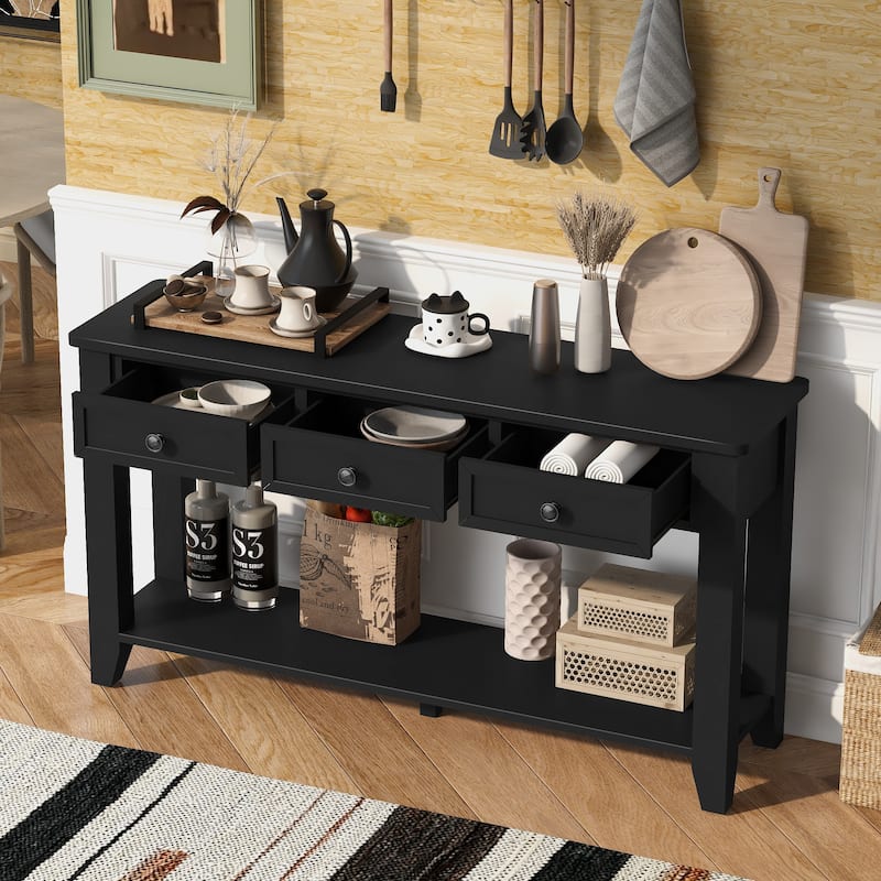55.4" Modern Entryway Console Table With Three Storage Drawers,Sideboard With Poplar Legs And Metal Handles,Narrow Sofa Table