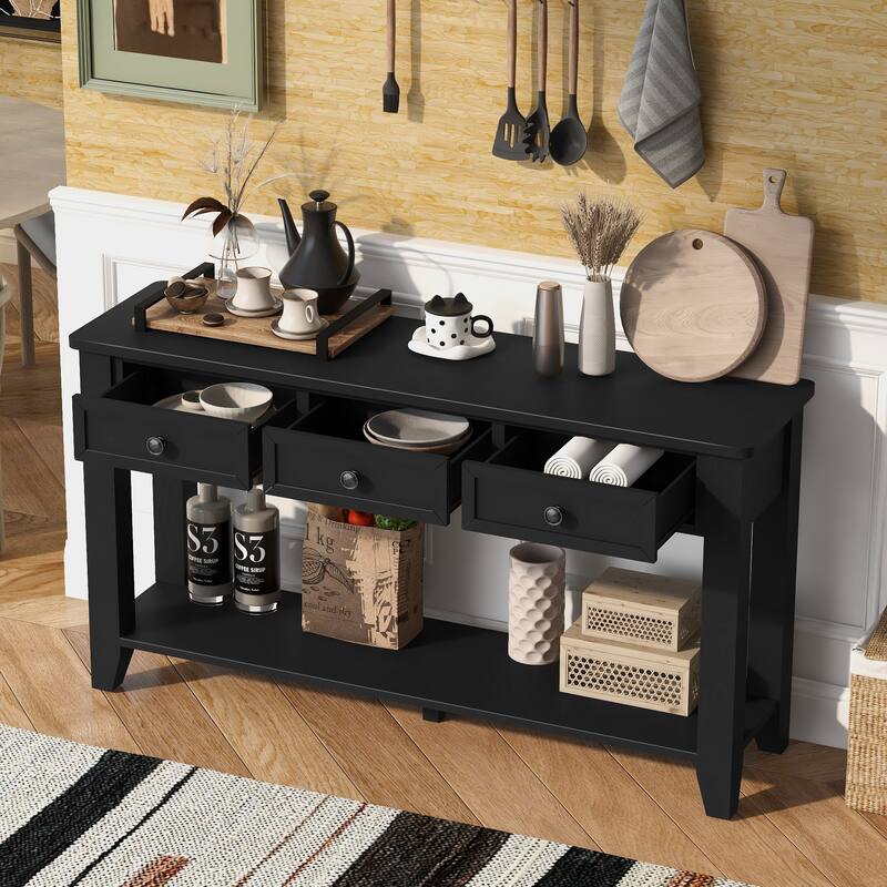 55.4" Modern Entryway Console Table with Three Storage Drawers,Sideboard with Poplar Legs and Metal Handles