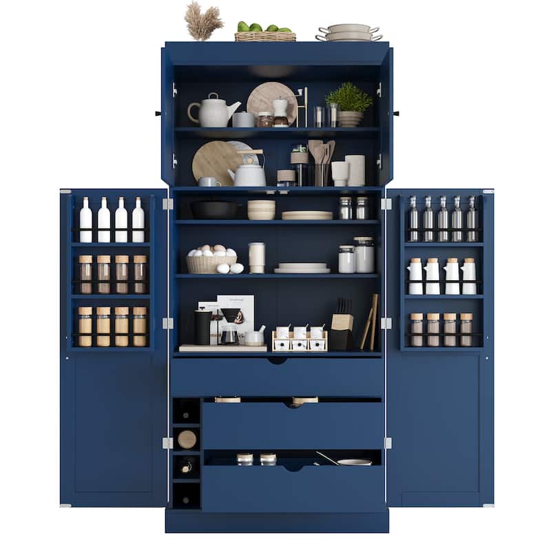 77" Tall Modern Shaker Kitchen Pantry with Wine Rack, Freestanding Storage Cabinet with Drawers & Door Shelves
