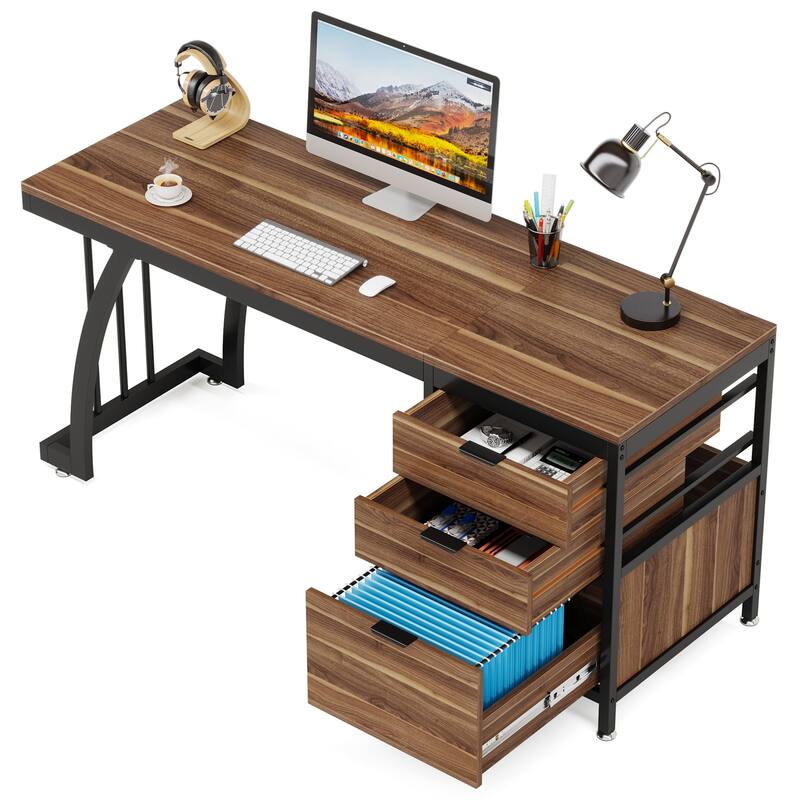 59 inch Reversible Computer Desk with 3 Drawer Cabinet, Industrial Study Writing Table Workstation for Home Office Bedroom