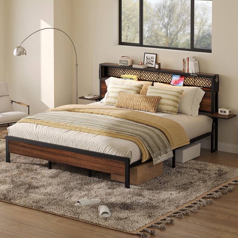Platform Bed with LED Upholstered Storage Headboard Charge Station Foldable Bedside Shelf - Walnut - Queen