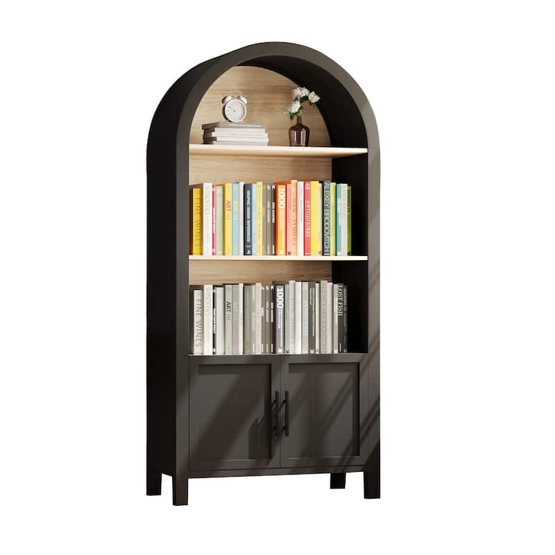 66.70 inch Tall Arched Bookcase with Storage, Mid-Century Modern 3-Tier Arched Cabinet with Door