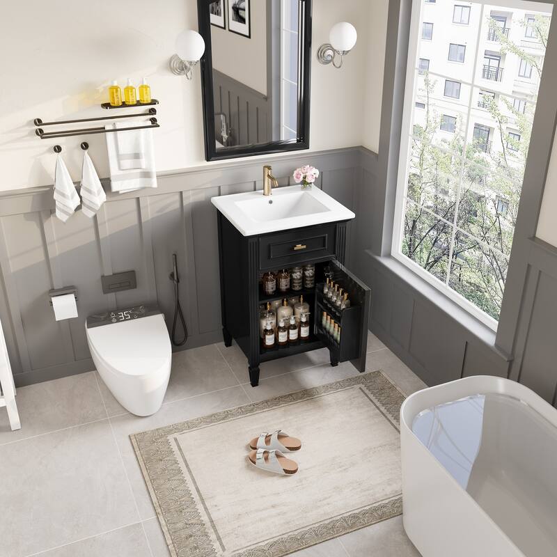 20-Inch Bathroom Vanity with Sink,Solid Wood Legs,Adjustable Shelf,Tilt-Out Drawer,Zinc Alloy Knobs
