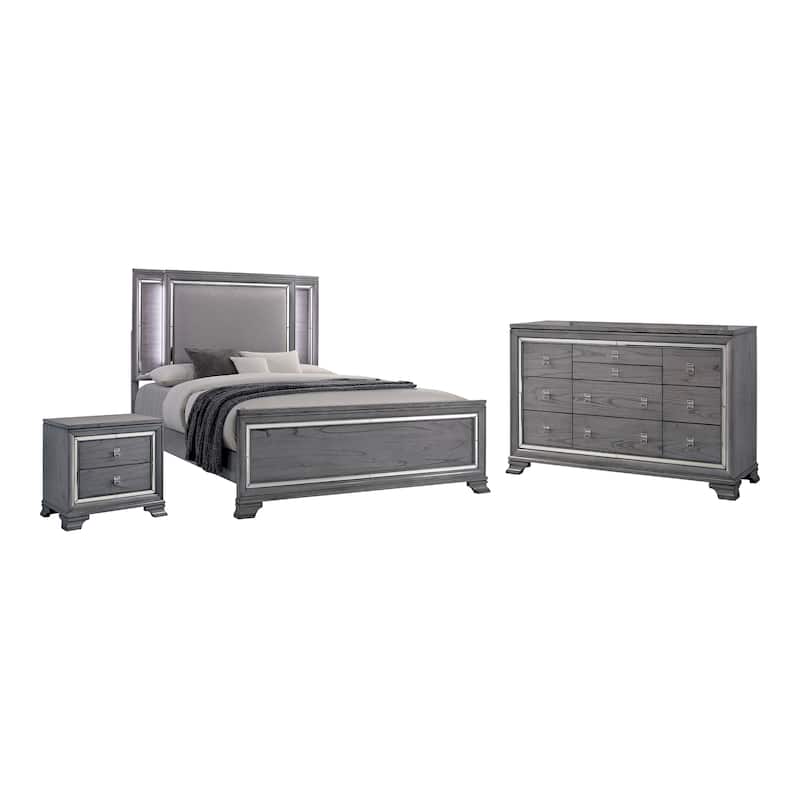 Furniture of America Taia Contemporary Grey 3-Piece Panel Bed, Nightstand and Dresser Set with LED