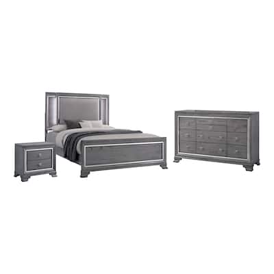 Furniture of America Taia Contemporary Grey 3-Piece Panel Bed, Nightstand and Dresser Set with LED
