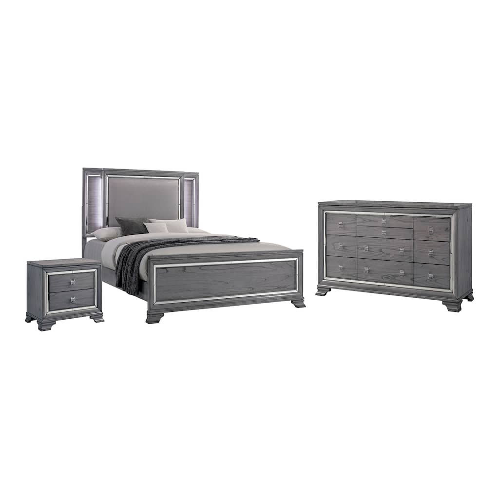 Furniture of America Taia Contemporary Grey 3-Piece Panel Bed, Nightstand and Dresser Set with LED