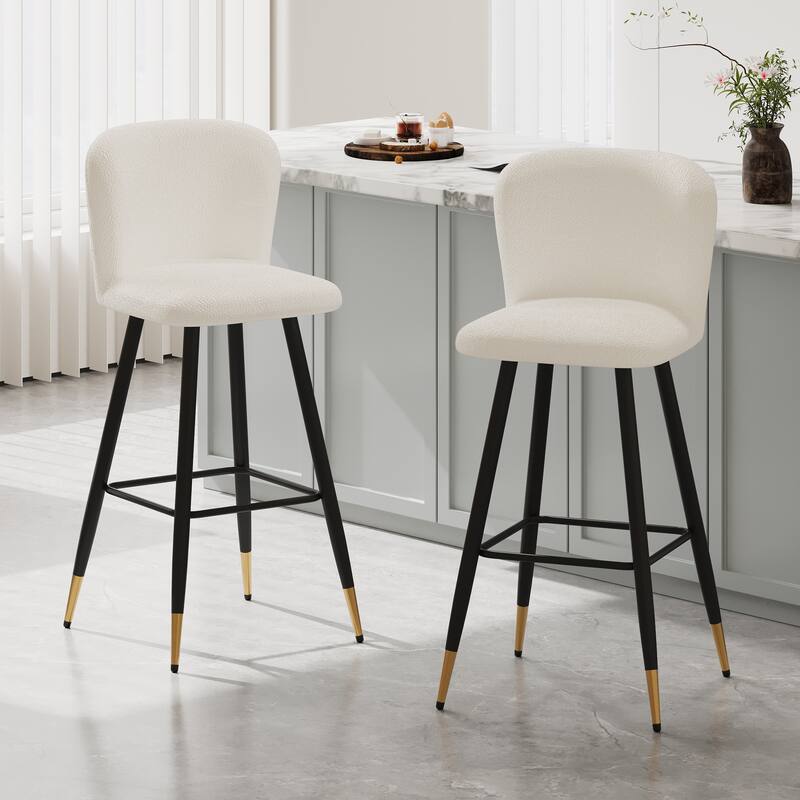 Roomfitters 30'' Modern Barstool, White Seat with Black Metal Legs and Gold-Tipped Ends, Contemporary Bar Chair, White - White