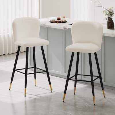 Roomfitters 30'' Modern Barstool, White Seat with Black Metal Legs and Gold-Tipped Ends, Contemporary Bar Chair, White