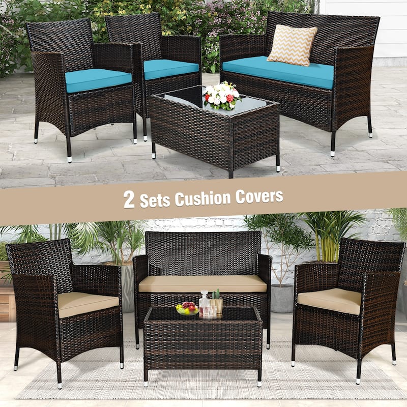 Rattan Patio Conversation Furniture Set with Glass Table and Comfortable Sofa - 4 Pcs