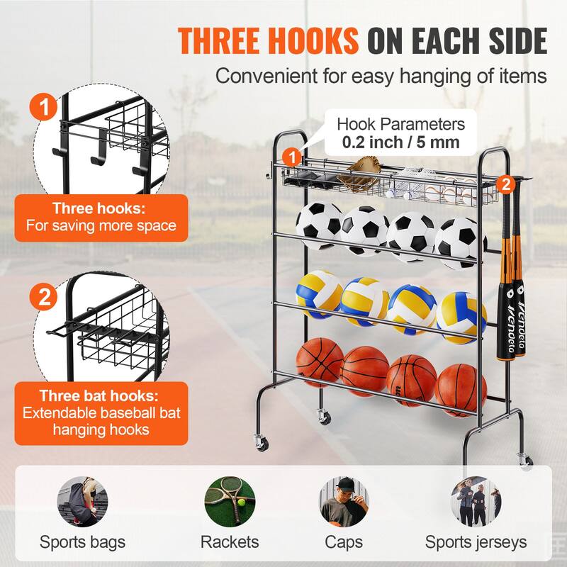 Basketball Rack Garage Ball Storage Holder for Football Soccer Volleyball - 41*18*49 inches 4 layers