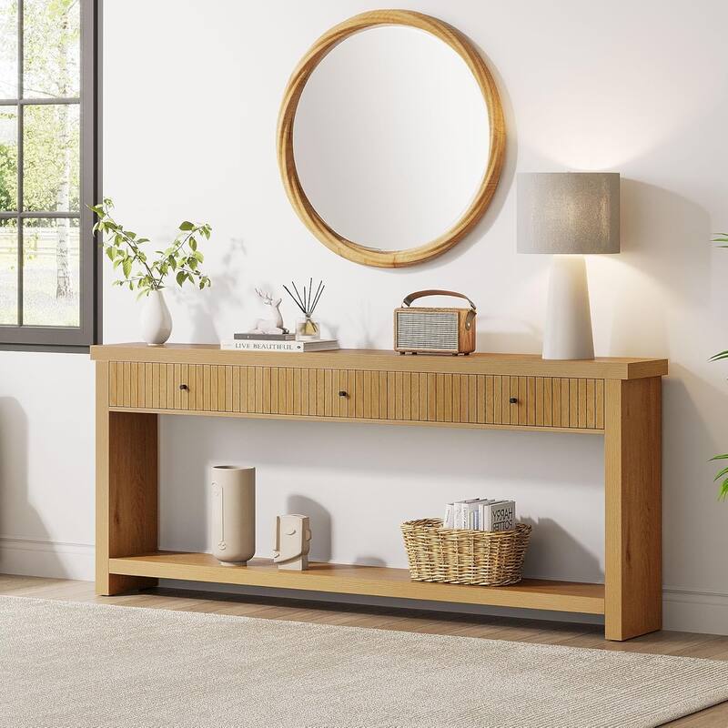 Extra Long Wood Console Table, Oak Sofa Entryway Table with 3 Drawers & Storage Shelves for Living Room, Hallway, Foyer
