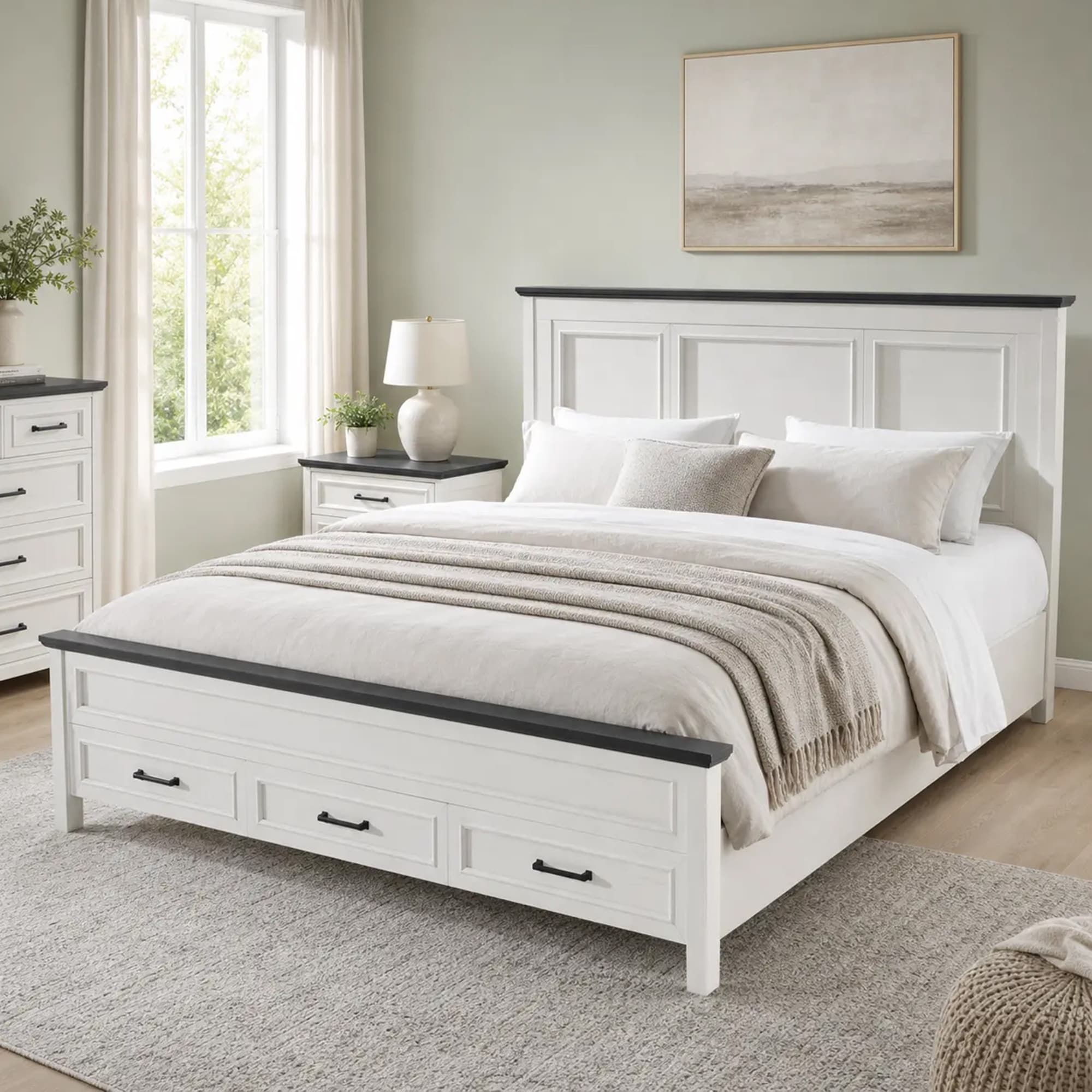 Farmhouse King Wood Bed Frame with Headboard, Platform Bedframe