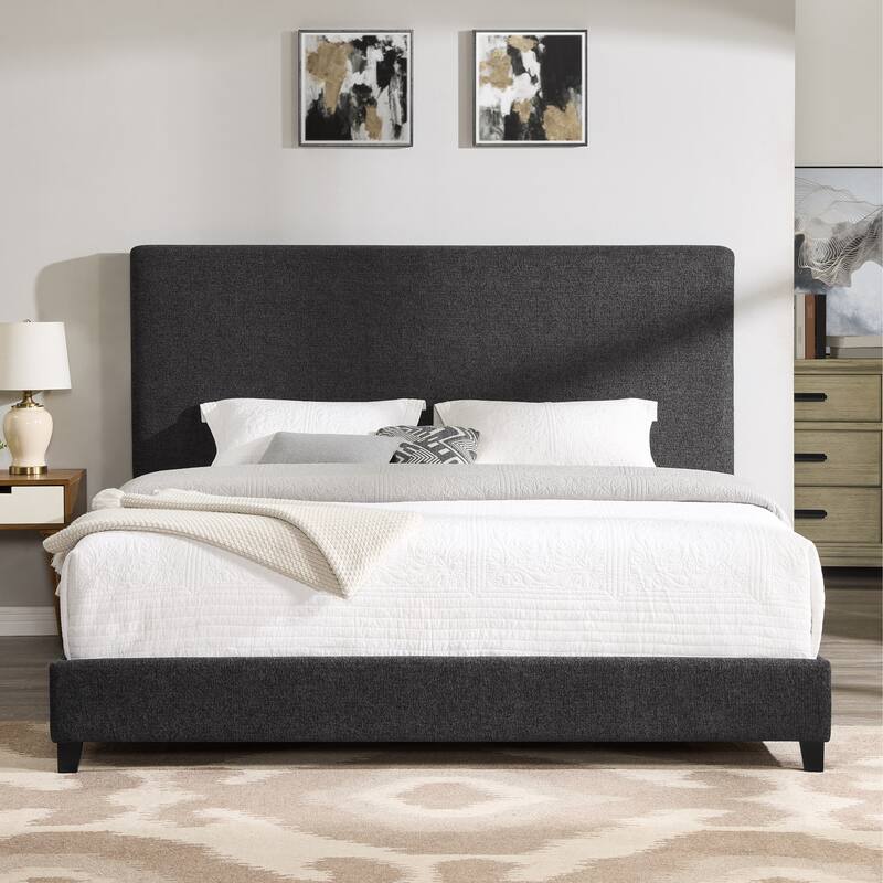 Charcoal Grey Upholstered King Size Platform Bed with Padded Headboard