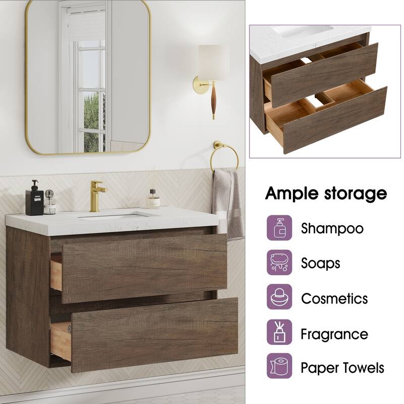 Sylphar 36 inch Bathroom Vanity with Sink, Floating Oak Cabinet with Stone Top