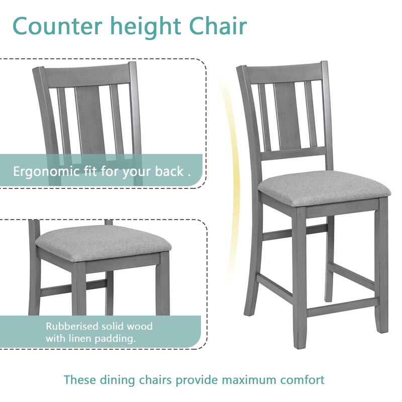 GDFStudio - Montara 5-Piece Farmhouse Wooden Square Counter Height Dining Table Set with 4 Upholstered Chairs