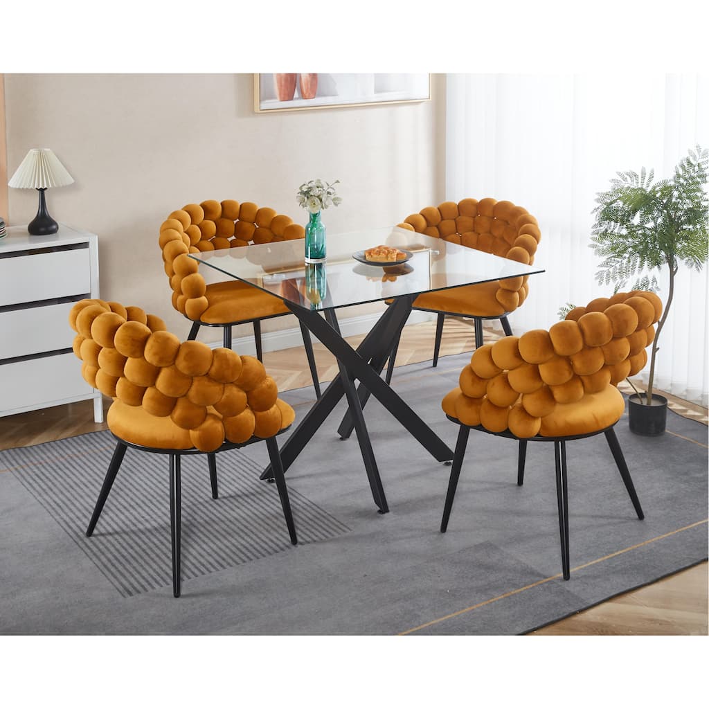 Square Glass Dining Table for 4 Person, Kitchen Table with Tempered Glass & Cross Metal Legs, Modern Leisure Coffee Table