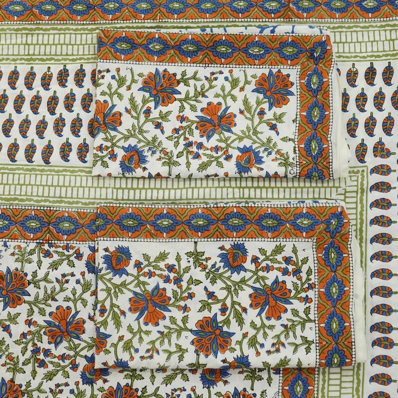 Fabdivine Cotton Hand Block Floral Flat Sheet Bed Room Home Décor Accent Gift