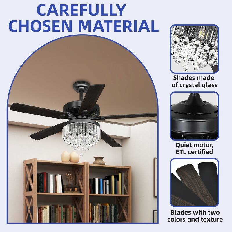 Moasis 52" Chandeliers Crystal Ceiling Fan with Light and 5 Dual Color Wooden Blades