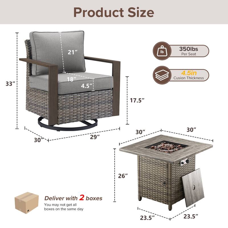 Meyreso 3-Piece Wicker Swivel Glider Fire Pit Set with Plush 4.5" Olefin Cushions