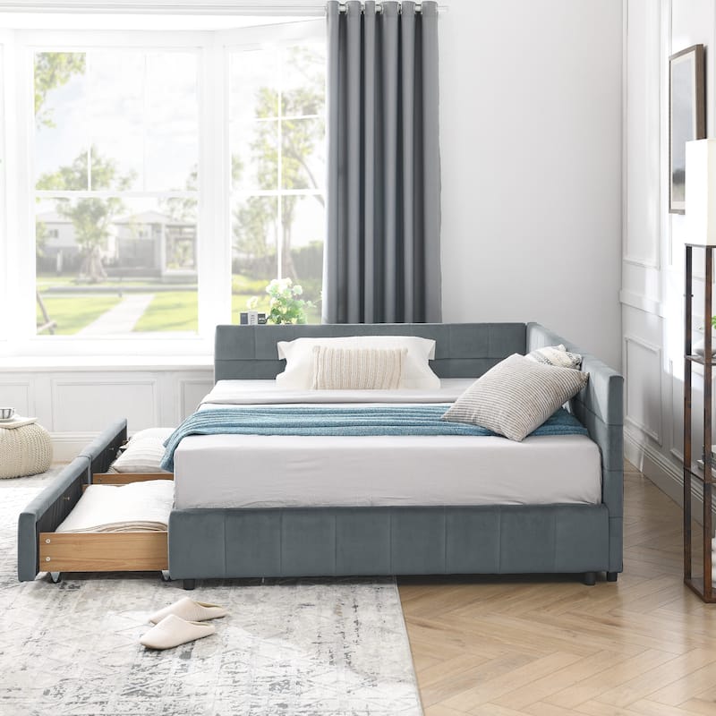 Full Size Mid-Century Velvet Upholstered Daybed with Storage Drawers, Wood Frame, Comfortable Backrest and Armrest
