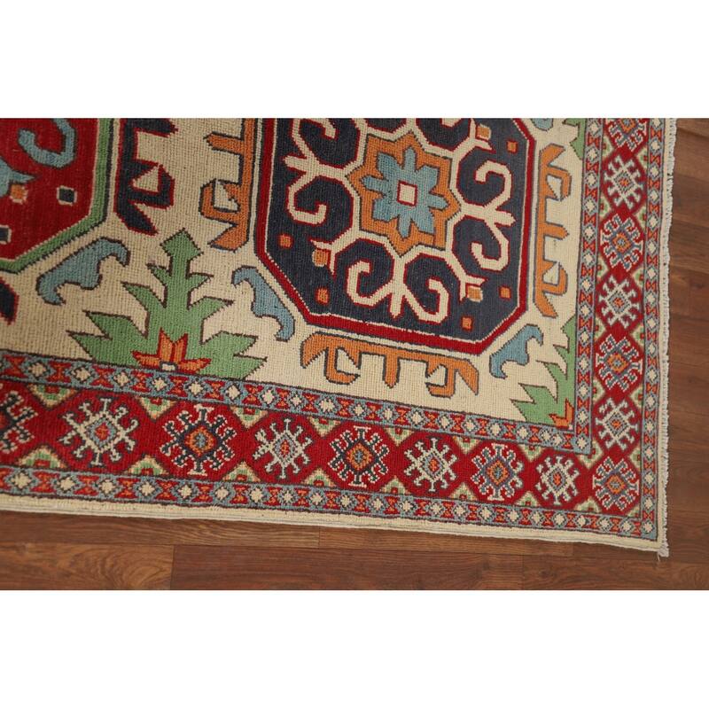 Geometric Kazak Runner Rug Hand-Knotted Wool Carpet - 3'3" x 7'2"