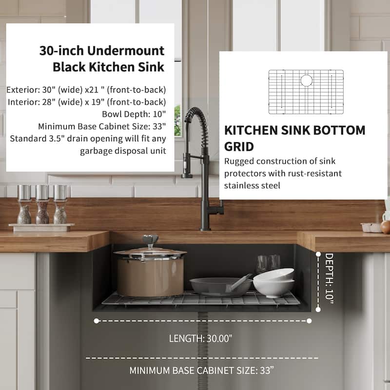 30" x 21" x 10" Undermount Gunmetal Black Single Bowl Kitchen Sink 16 Gauge Stainless Steel - 30 x 21