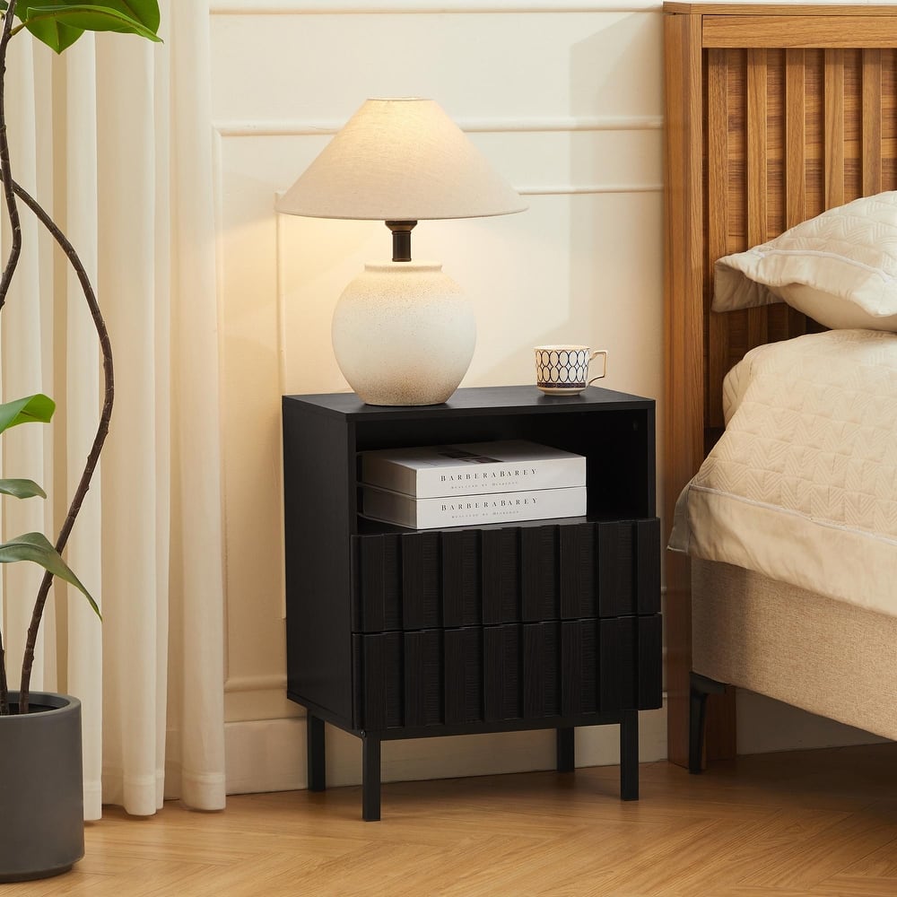 Mid Century Woodgrain Nightstand Pair 2 Drawers Bedside Table