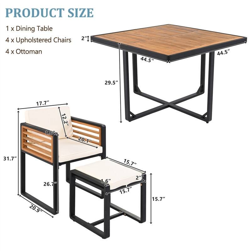 9-Piece/18-Piece Acacia Wood Patio Dining Set, Outdoor Dining Table Set with Cushioned Chairs, Ottomans and 1 Square Table