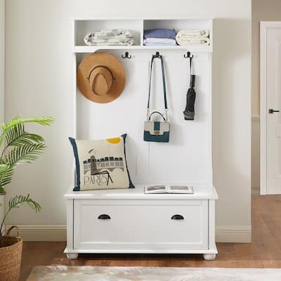 Classic Hall Tree Entryway Bench with Shoe Cabinets and Open Shelves