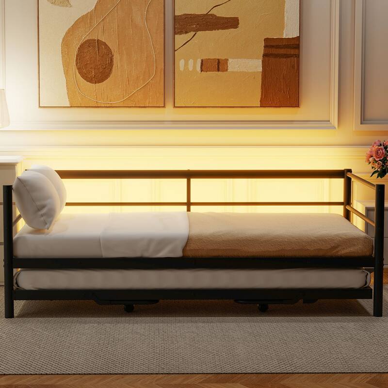 Twin Size Metal Daybed with LED and Adjustable Trundle, Pop Up Trundle