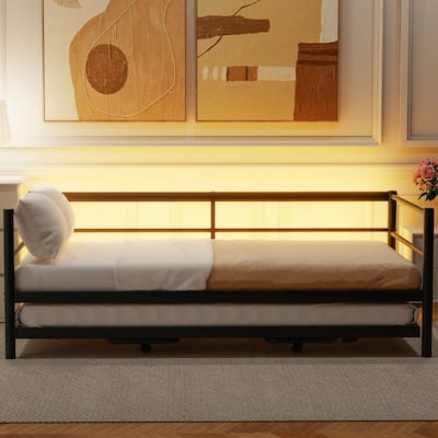 Twin Size Metal Daybed with LED and Trundle, Heavy Steel Sofa Bed Frame, Living Room Twin LED Sofa Bed with Pop Up Trundle