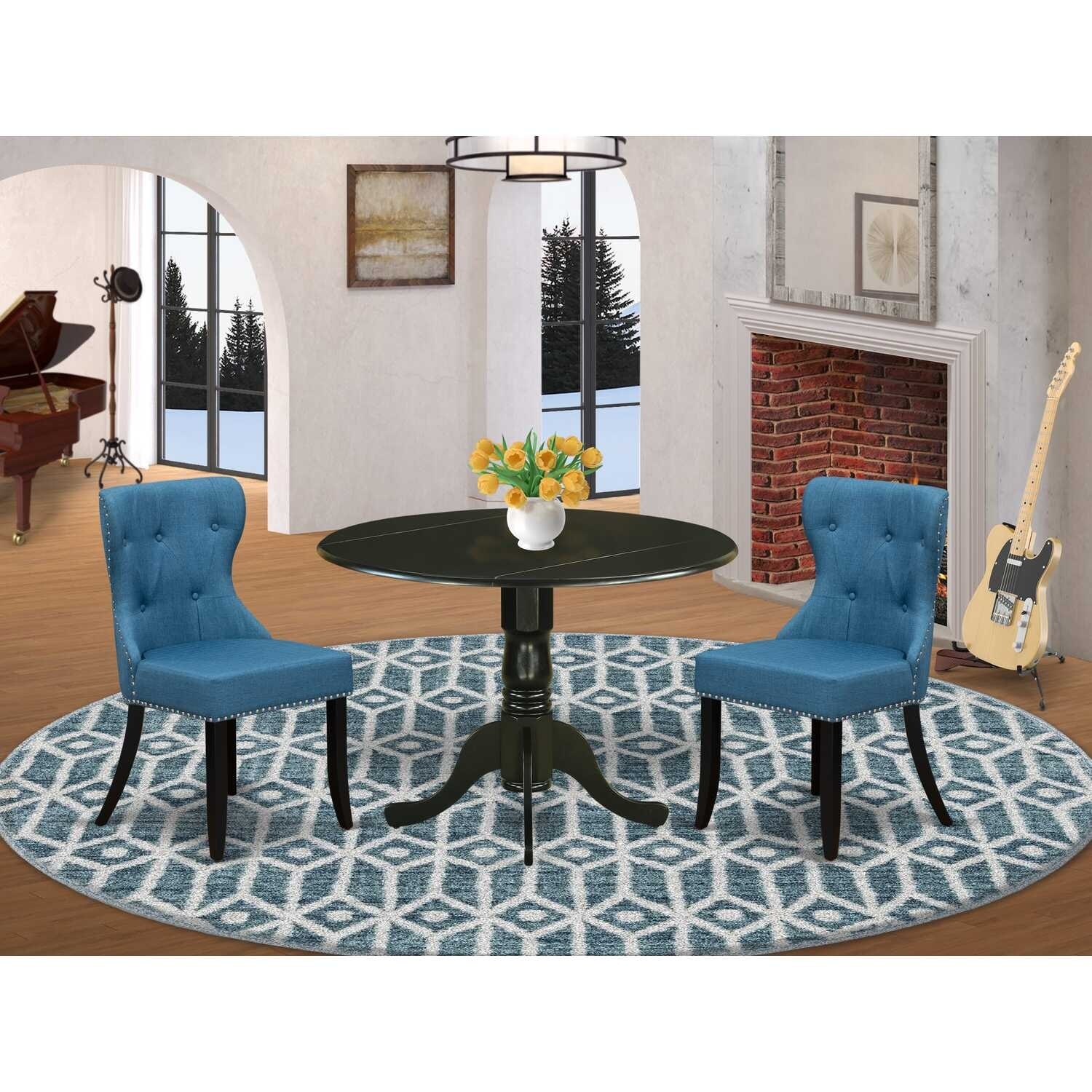 Nordic Dining Table Set for 2 - Modern Round Pedestal Table & Linen Fabric Chairs - Mineral Blue & Black