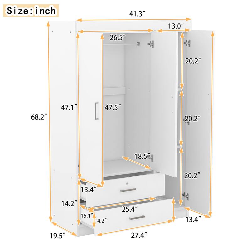 3-Door Mirror Wardrobe, Armoires with Dressing Mirror Hanging Clothes Rod and Drawers with Lock for Bedroom Storage, White