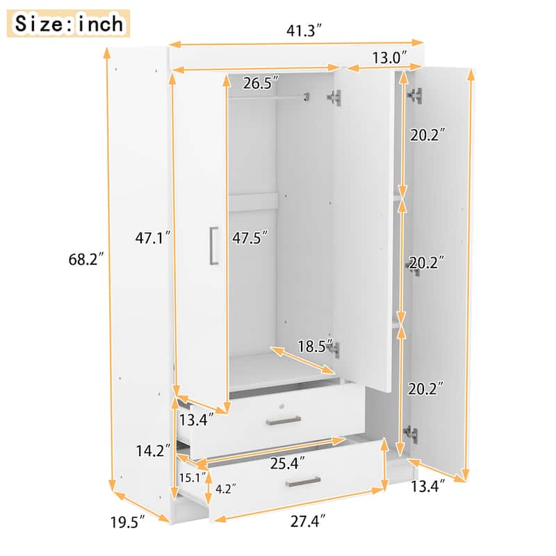 3-Door Wardrobe Armoires with 2 Drawers & Full-Length Mirror