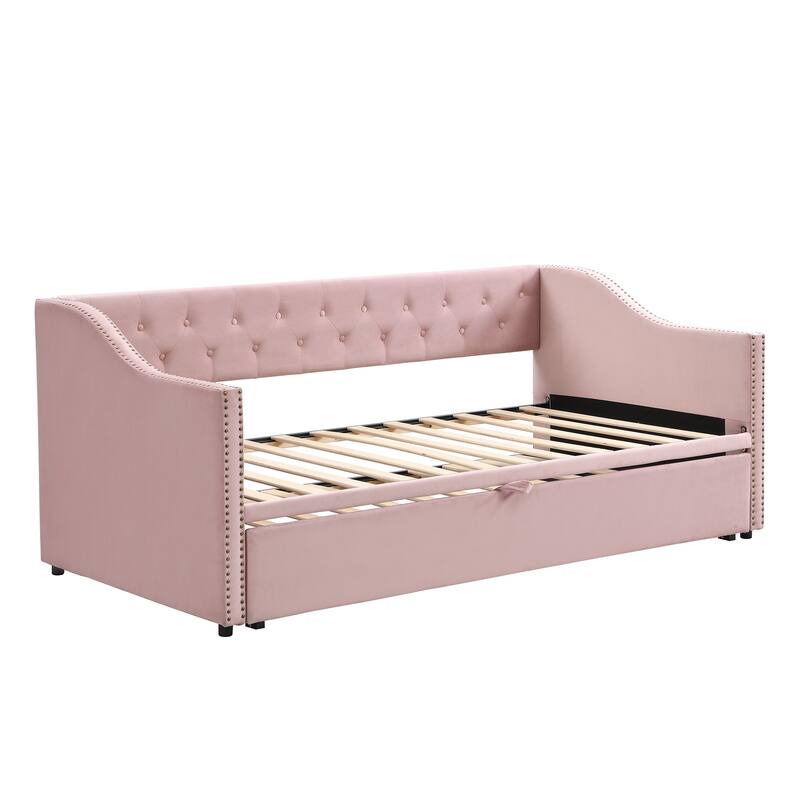 Twin to King Daybed with Pop Up Trundle, Button Tufted Backrest and Wooden Slat Support