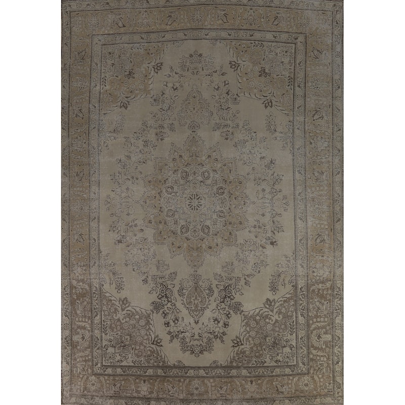 Tabriz Persian Vintage Area Rug Hand-Knotted Beige Wool Carpet - 9'6" x 13'4"