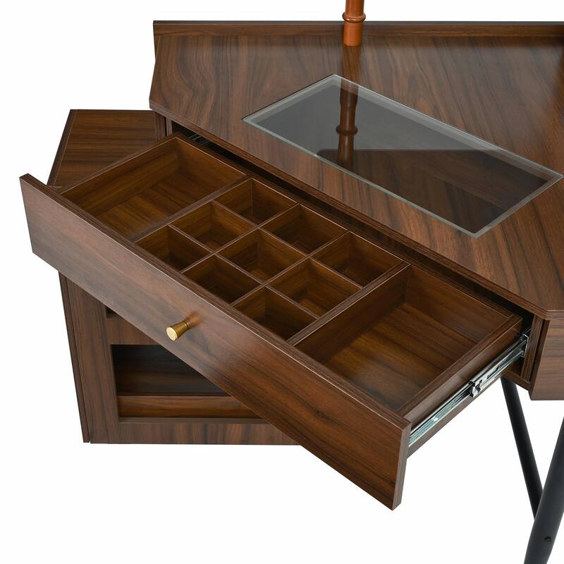 Triangle Makeup Desk with Removable Pull-Out Side Cabinet, Glass Tabletop Makeup Vanity with Drawer and Shelf