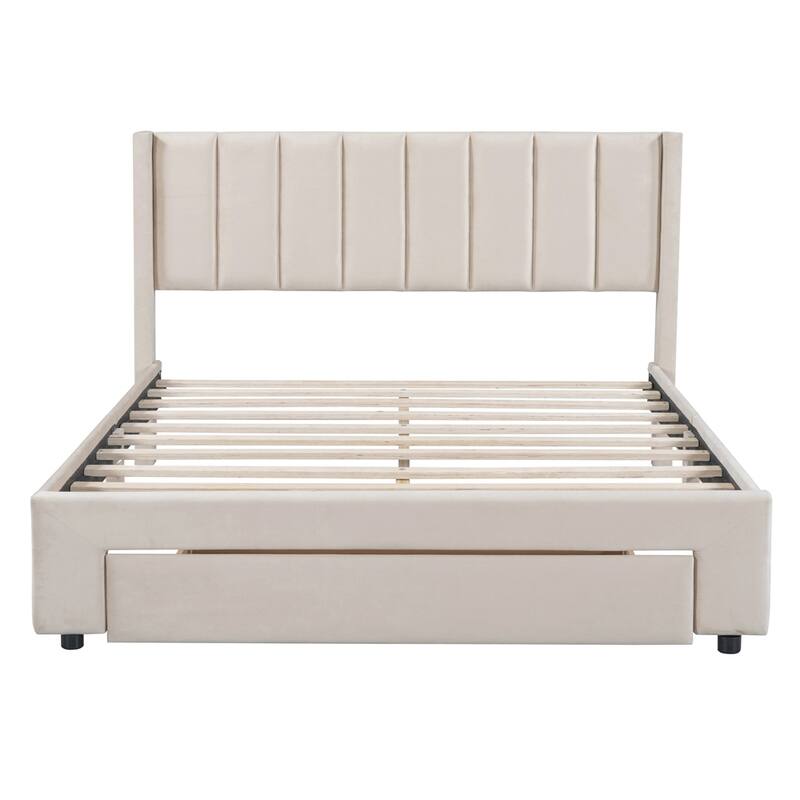Velvet Upholstered Storage Platform Bed with a Drawer