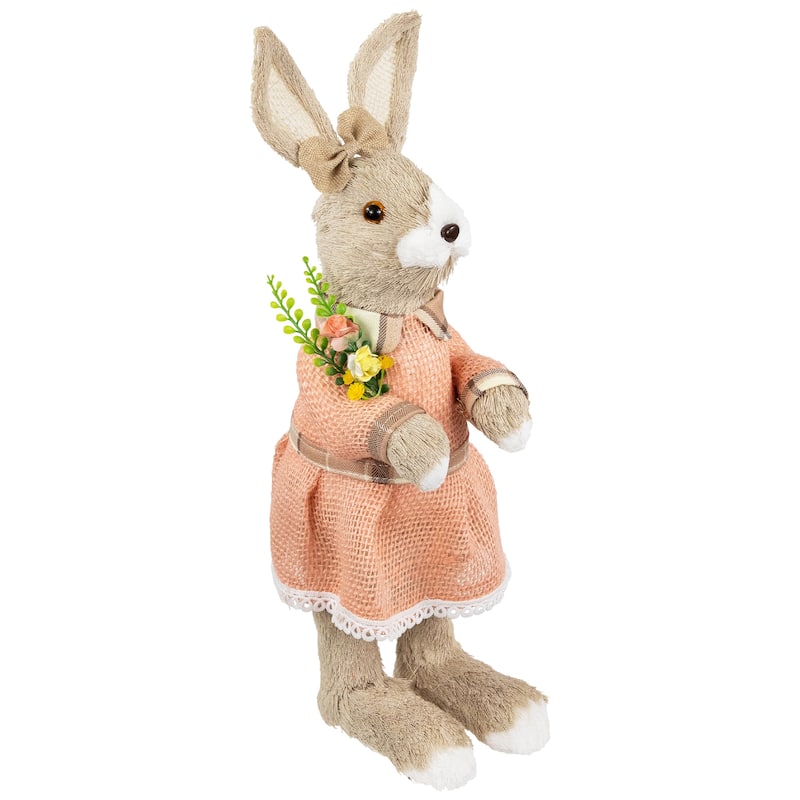 Rustic Girl Rabbit Easter Figure with Flowers - 15.25" - Beige
