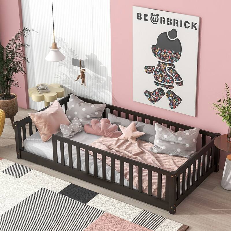 Twin Size Floor Bed with Fence without Door, with Safety Guardrails - Espresso