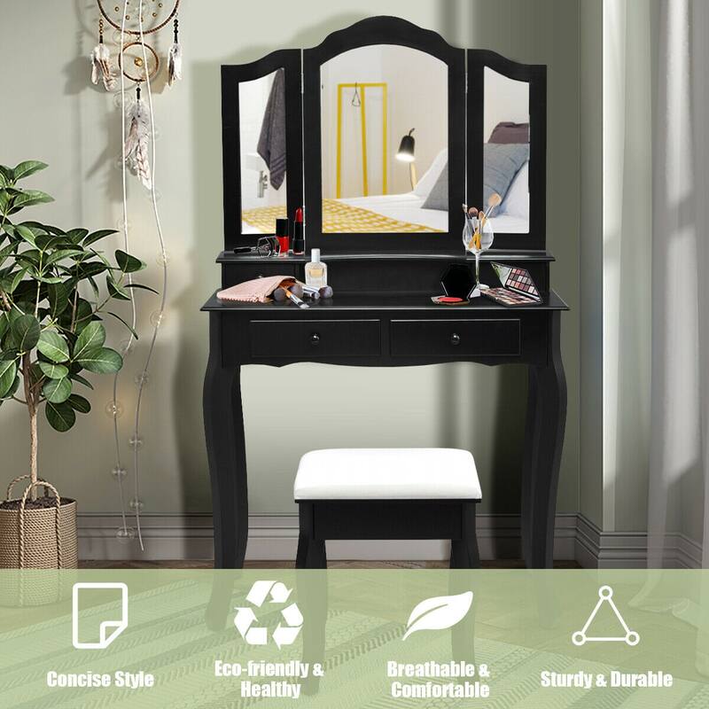 Gymax Vanity Jewelry Makeup Dressing Table Stool Folding Mirror Black